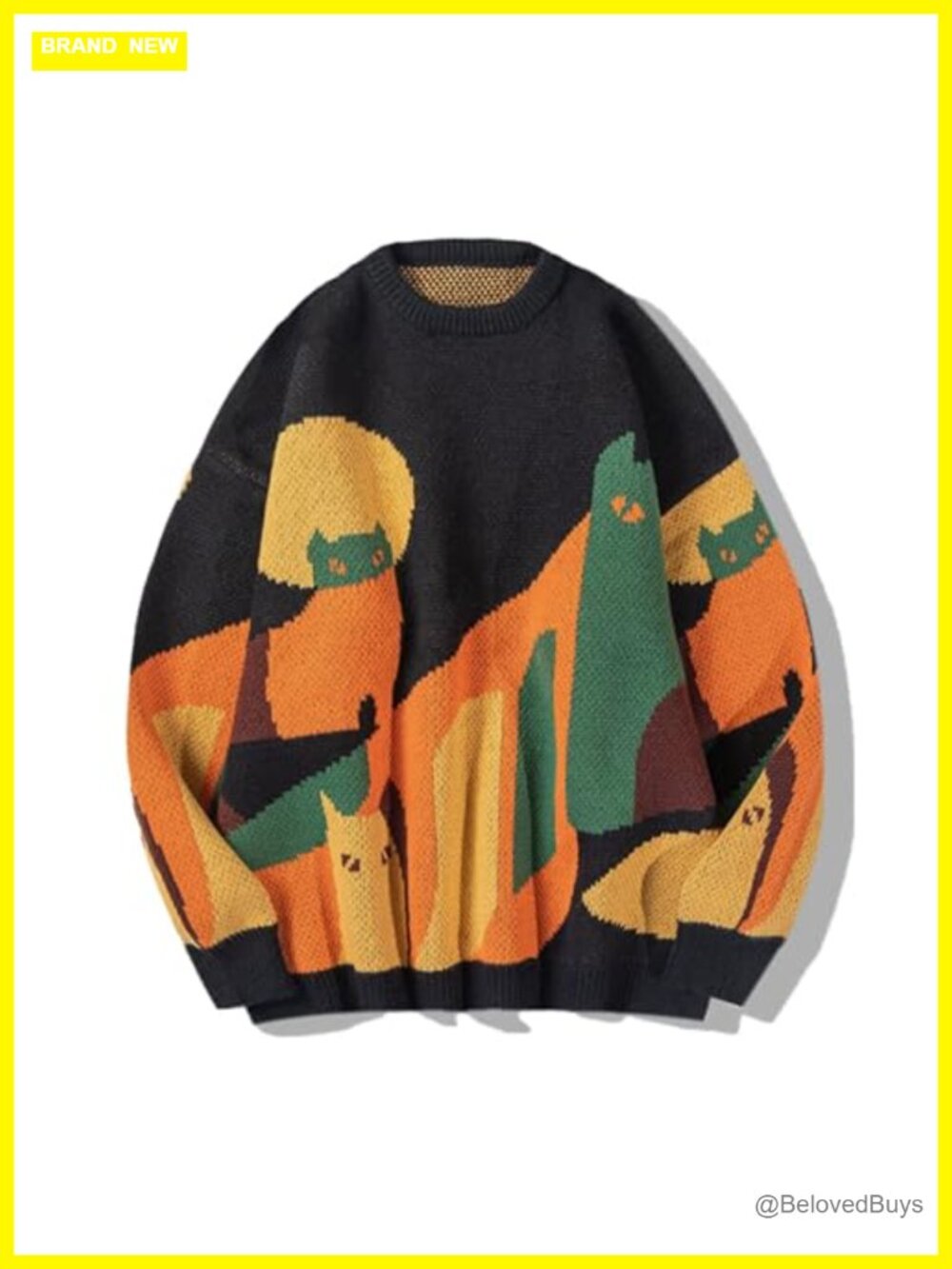 Graphic Color Blocking Cat Sweater Vintage Oversized Crewneck Knit Pullover